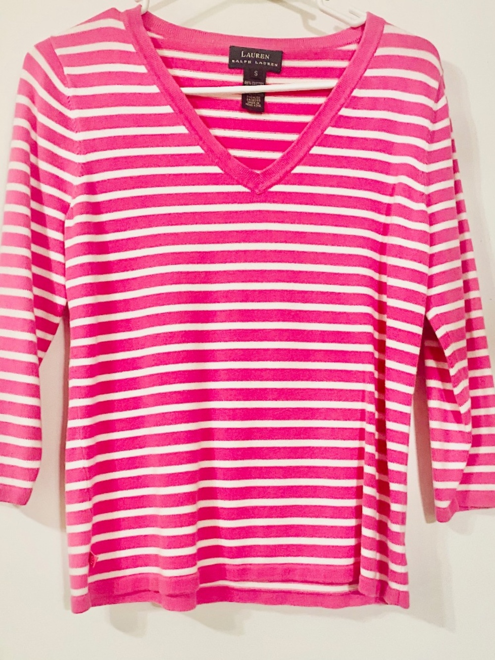 LAUREN RALPH-L WOMENS COTTON BLND KNIT TOP V-NECK 3/4 SLEEVE SZ S PINK STRIPED